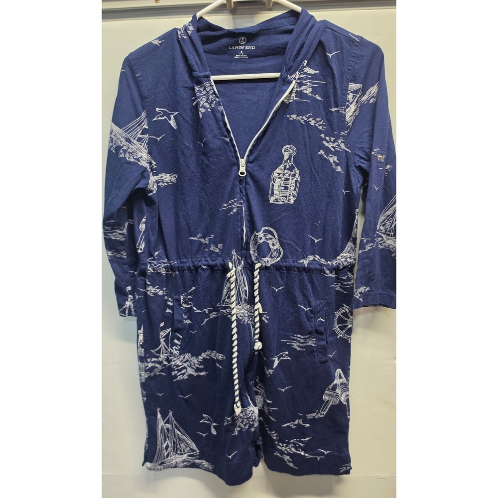Lands End Womens Navy Blue Nautical Print Hooded Zip Front Romper Small 6-8